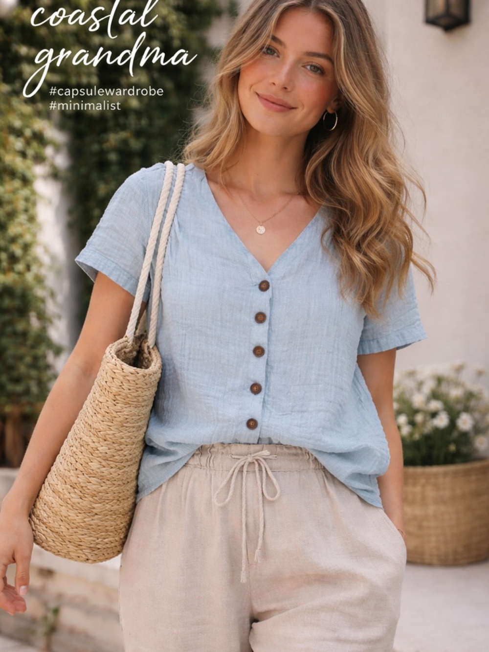 Ice Blue V-Neck Button Front Cotton Top - Coastal Grandma Style